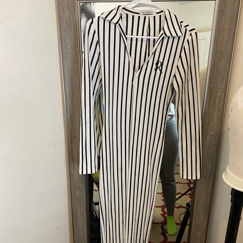 Gsuwoo Long Sleeve Striped Jumpsuit Black/white